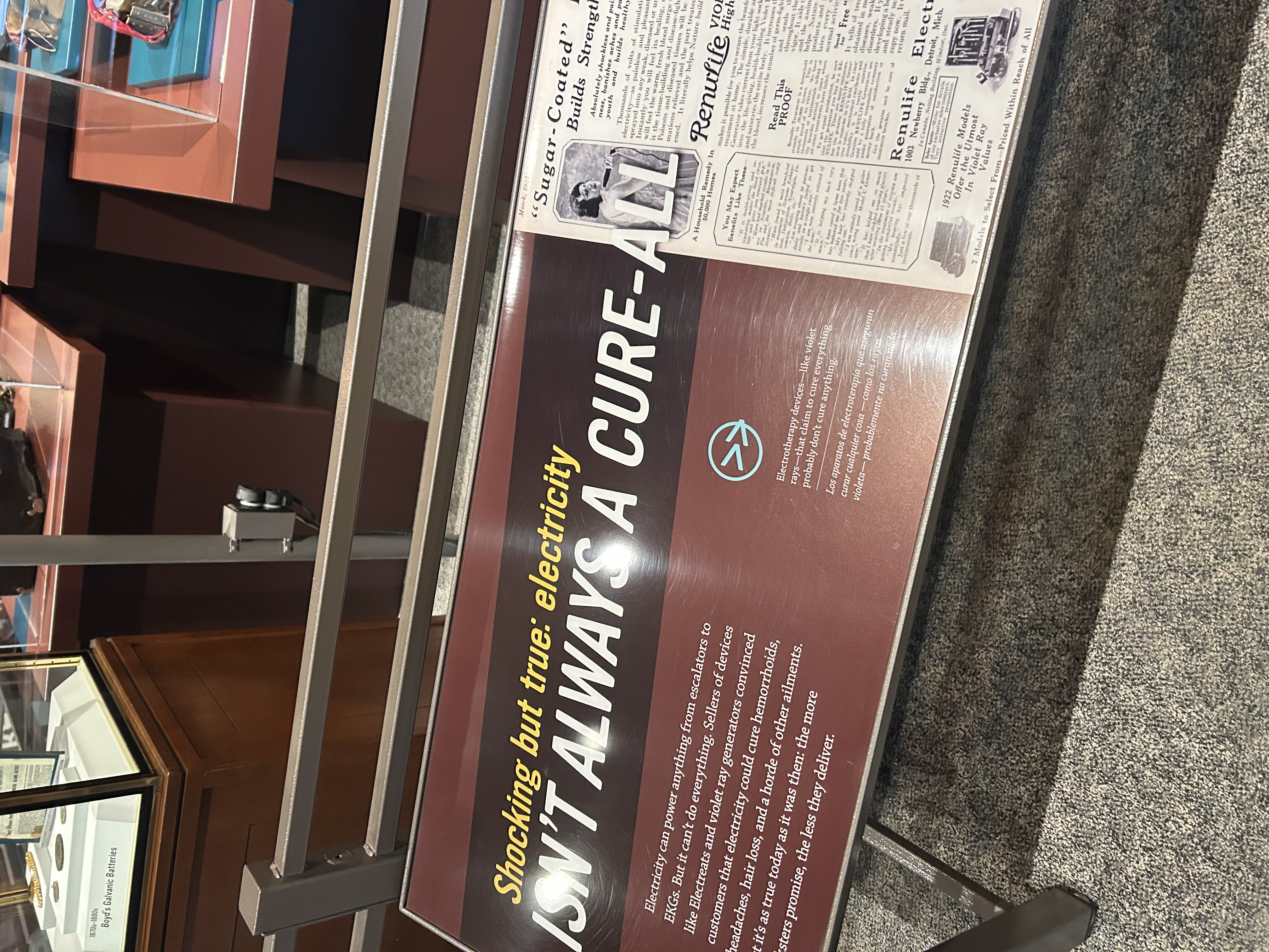 informative plaque with the headline 'Shocking, but true: Electricity isn't always a cure-all