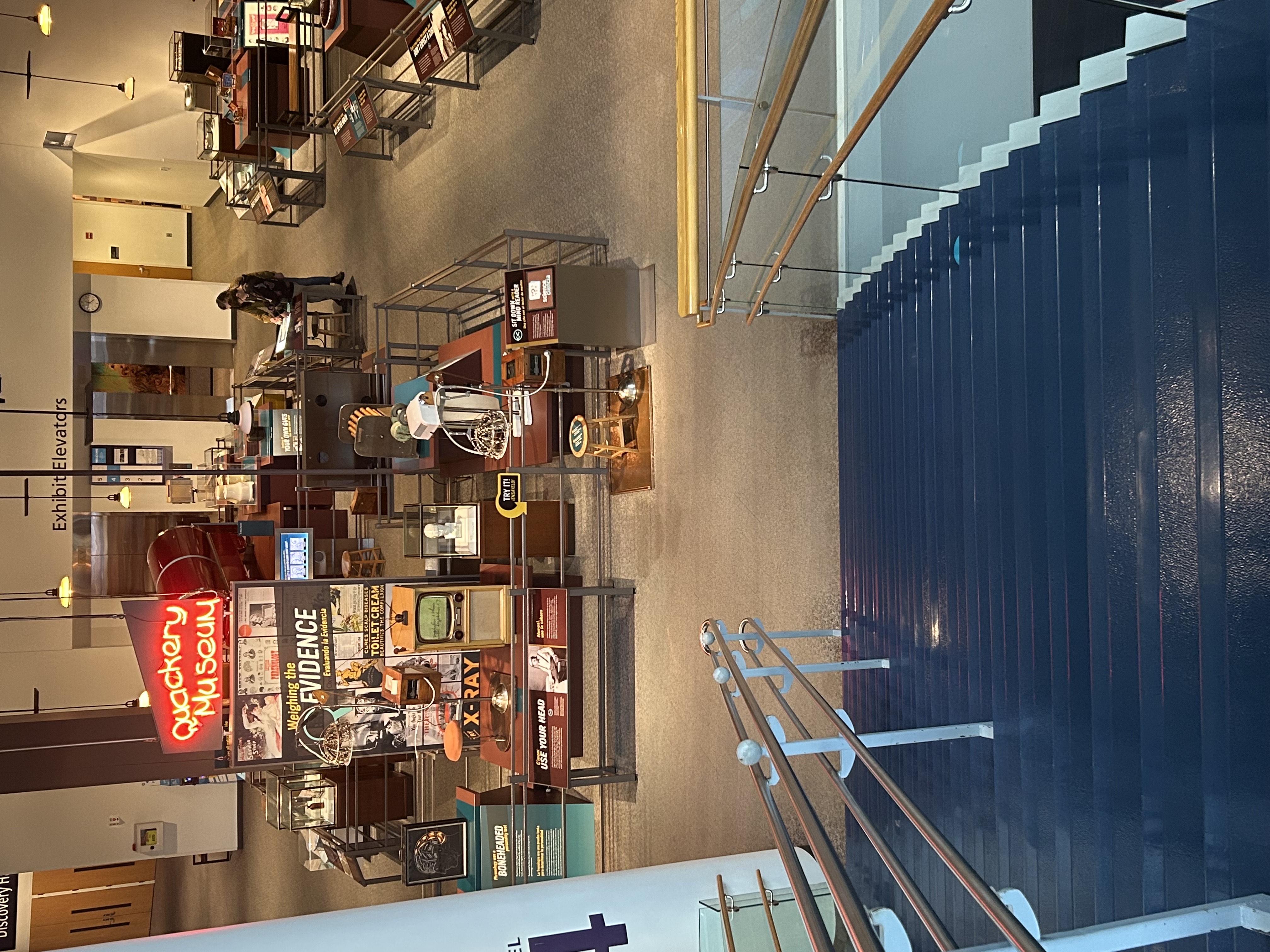 view from stairwell of a large exhibit called the Quackery Museum